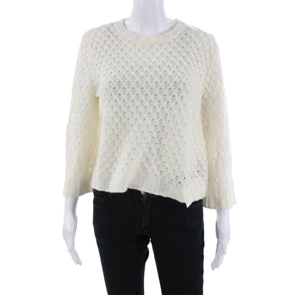 Designer Unisex 100% Cashmere Argyle Pullover Crew Neck 3/4 Sleeve White Size S